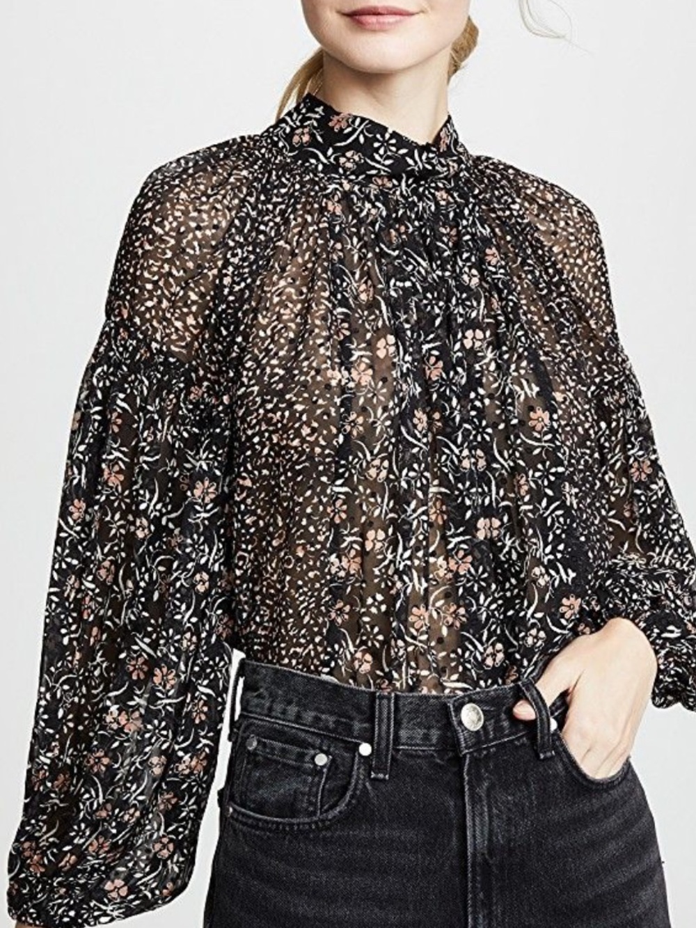 Ulla Johnson Silk Noir Black Sheer Floral High-Neck Blouse
